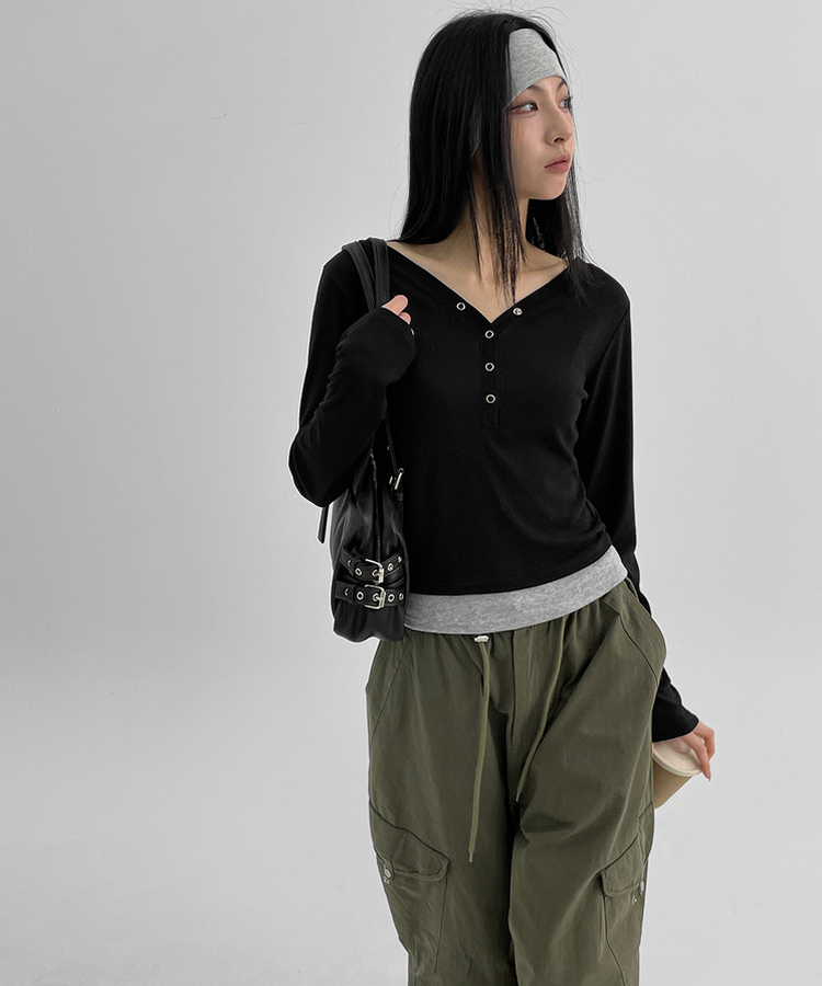 バイカラーボタン長袖Tシャツ BLACK