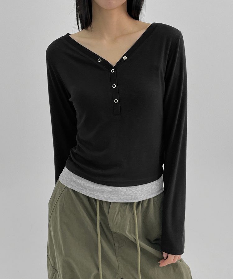 バイカラーボタン長袖Tシャツ BLACK