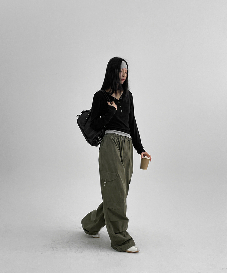 バイカラーボタン長袖Tシャツ BLACK