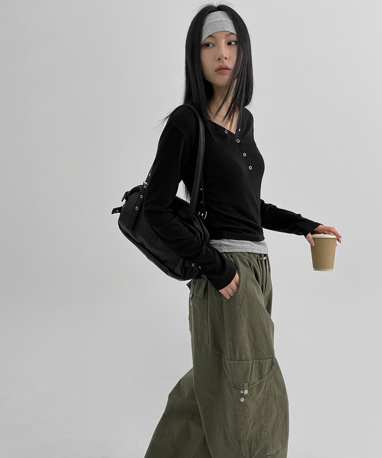 バイカラーボタン長袖Tシャツ BLACK