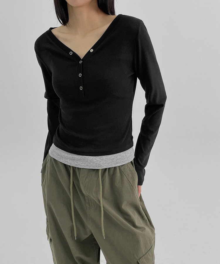 バイカラーボタン長袖Tシャツ BLACK