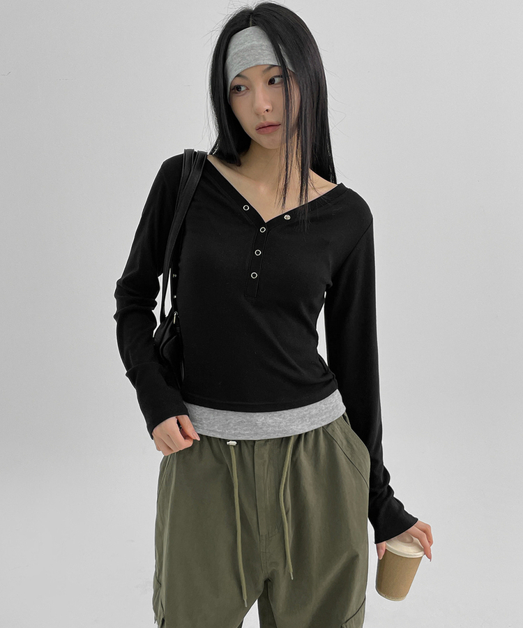 バイカラーボタン長袖Tシャツ BLACK