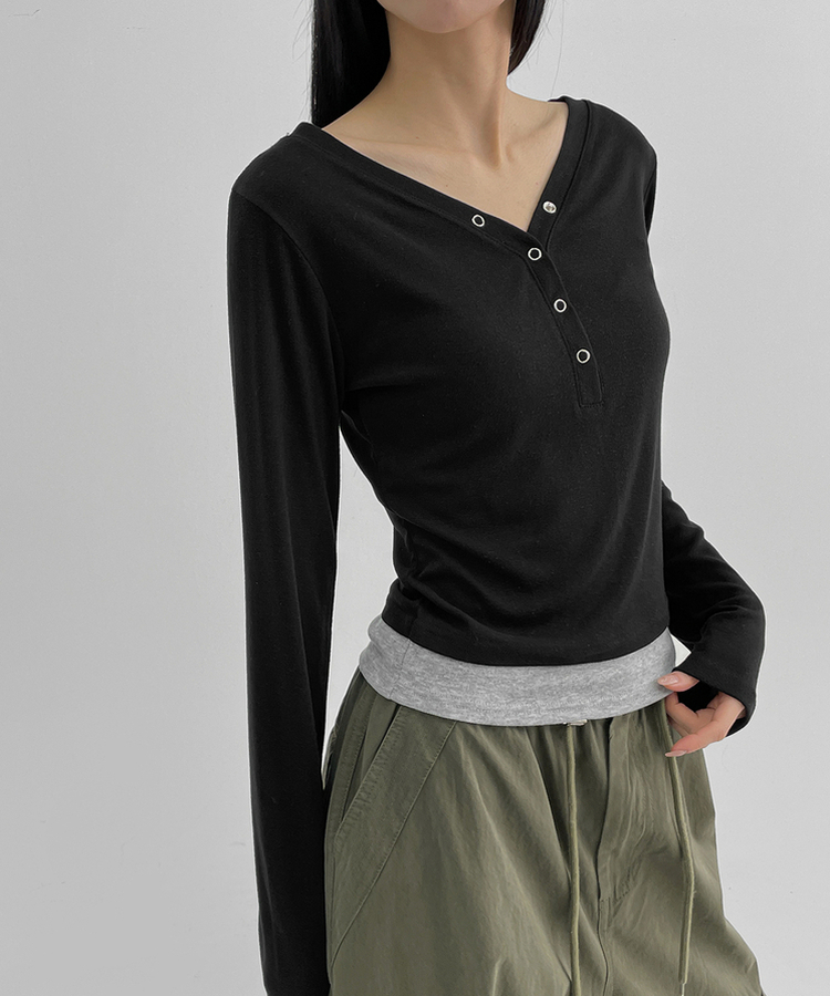 バイカラーボタン長袖Tシャツ BLACK