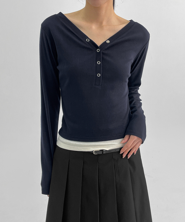 バイカラーボタン長袖Tシャツ NAVY