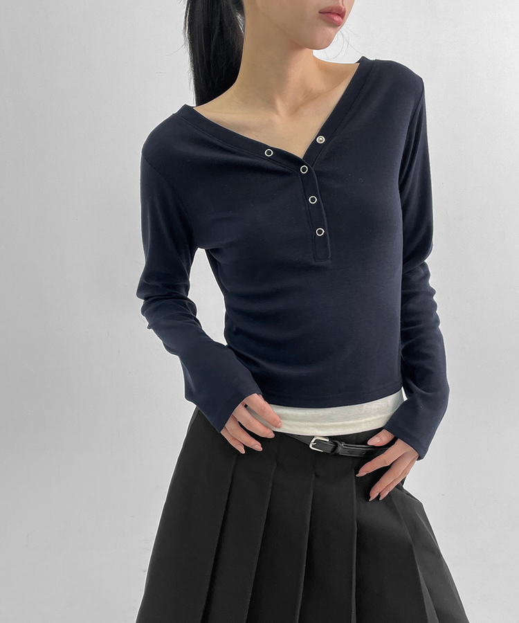 バイカラーボタン長袖Tシャツ NAVY