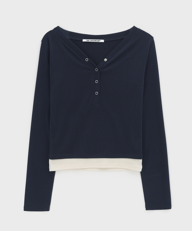 バイカラーボタン長袖Tシャツ