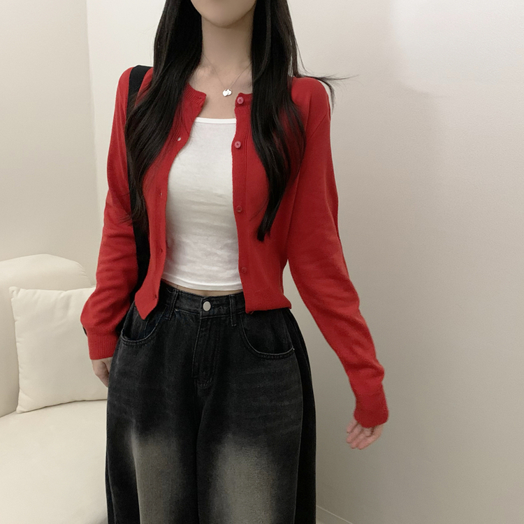 シンプルラウンドニットカーディガン(6color) RED