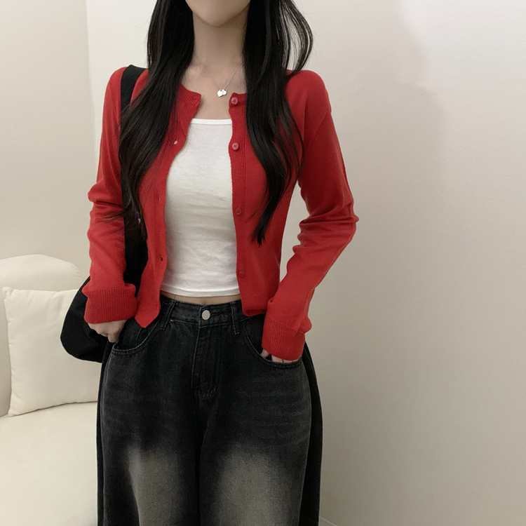 シンプルラウンドニットカーディガン(6color) RED
