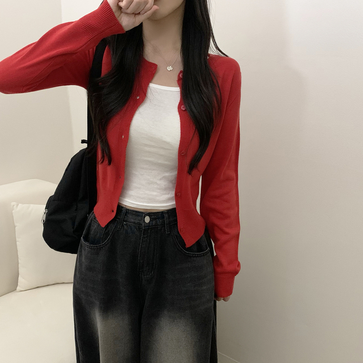 シンプルラウンドニットカーディガン(6color) RED