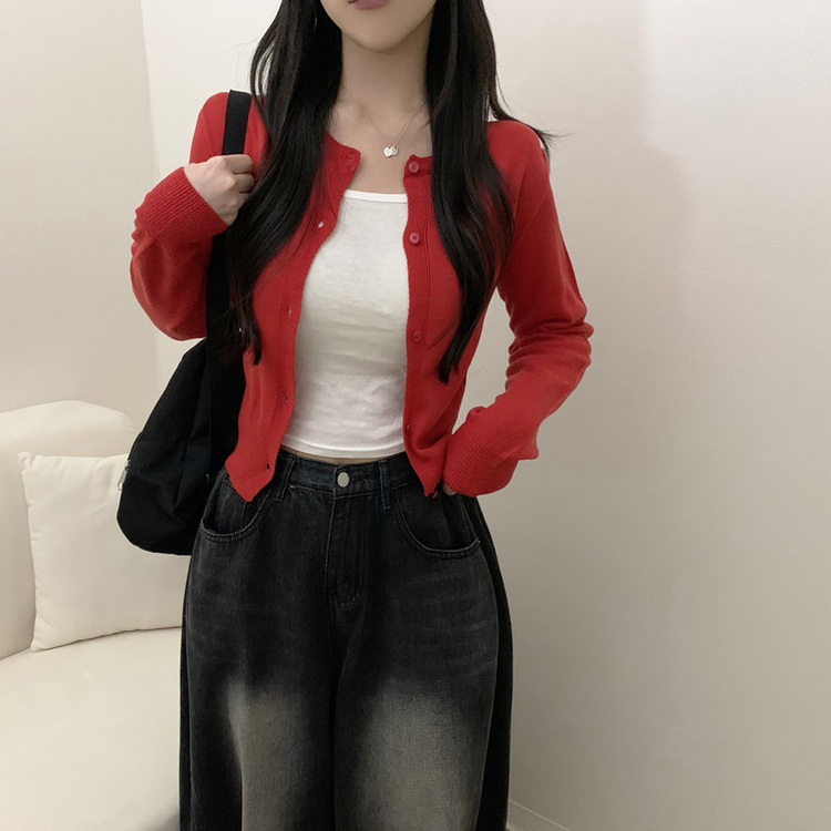 シンプルラウンドニットカーディガン(6color) RED