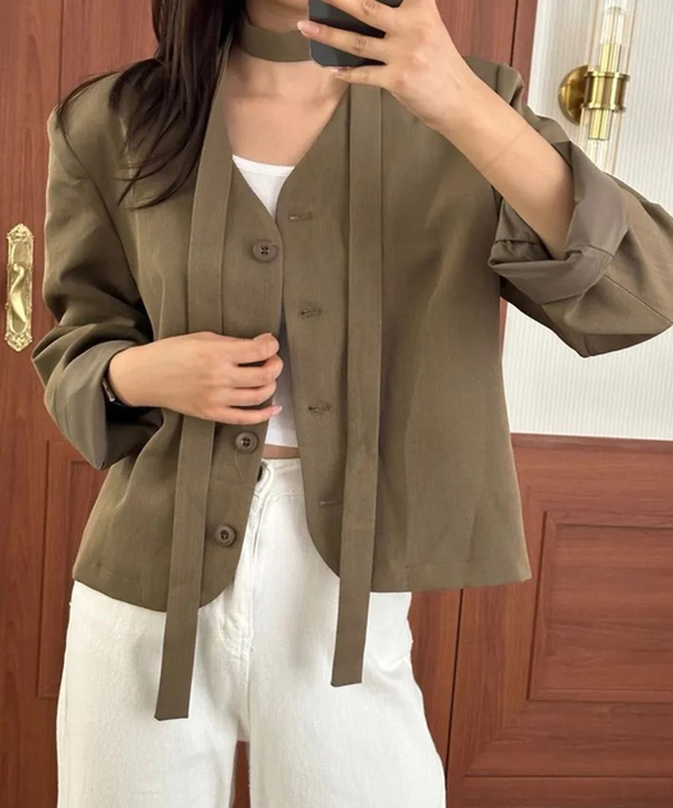 【マフラー付き】シンプルデイリージャケット BROWN