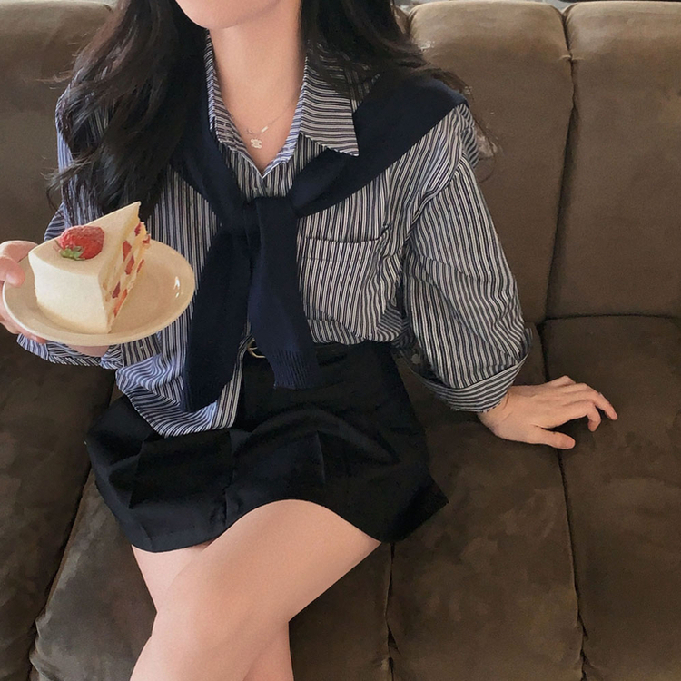 【SET】ストライプクロップシャツ ニットショール NAVY