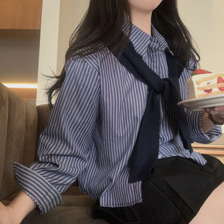 【SET】ストライプクロップシャツ ニットショール NAVY