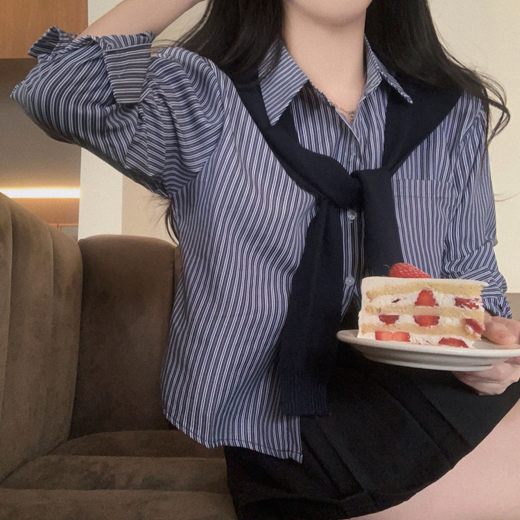 【SET】ストライプクロップシャツ ニットショール NAVY