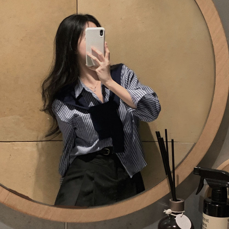 【SET】ストライプクロップシャツ ニットショール NAVY