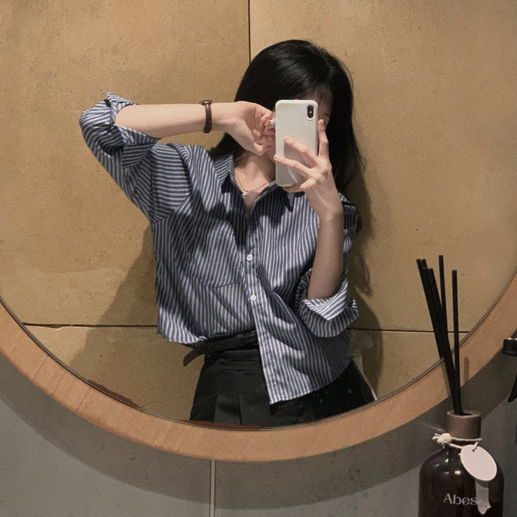 【SET】ストライプクロップシャツ ニットショール NAVY
