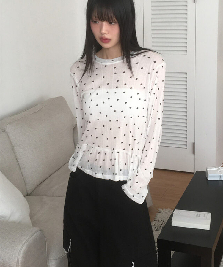 ドットレイヤードフリル長袖Tシャツ IVORY