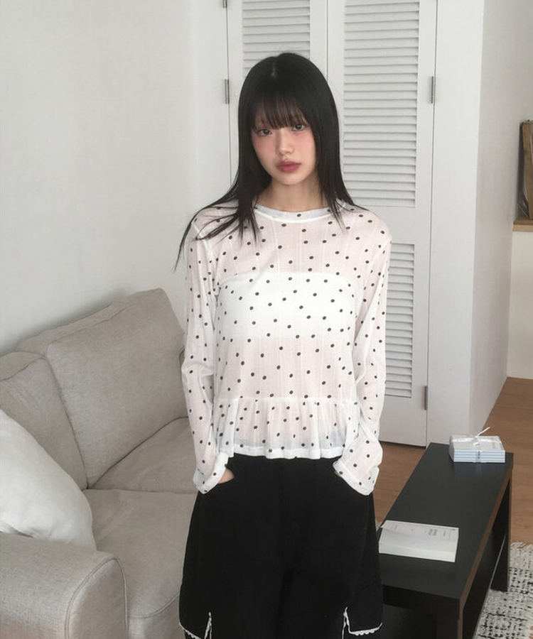 ドットレイヤードフリル長袖Tシャツ IVORY