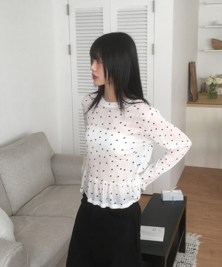 ドットレイヤードフリル長袖Tシャツ IVORY