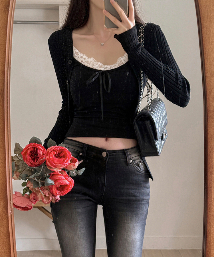 【カップ付き】レースレイヤードリボンスリーブレス BLACK
