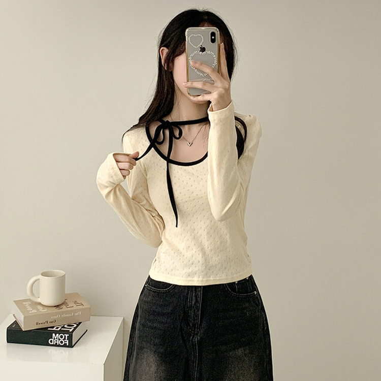 フラワーパンチングリボン長袖Tシャツ CREAM