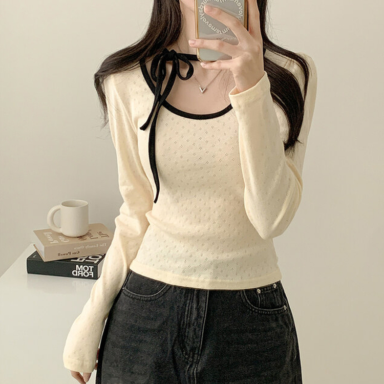 フラワーパンチングリボン長袖Tシャツ CREAM