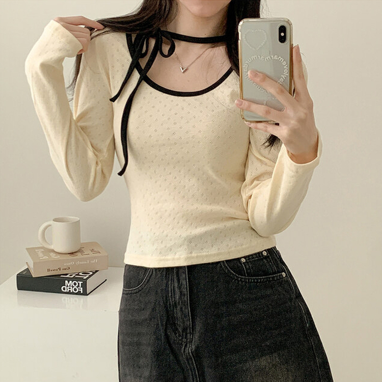 フラワーパンチングリボン長袖Tシャツ CREAM