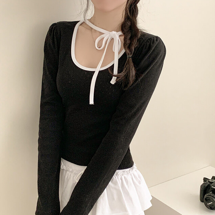 フラワーパンチングリボン長袖Tシャツ BLACK