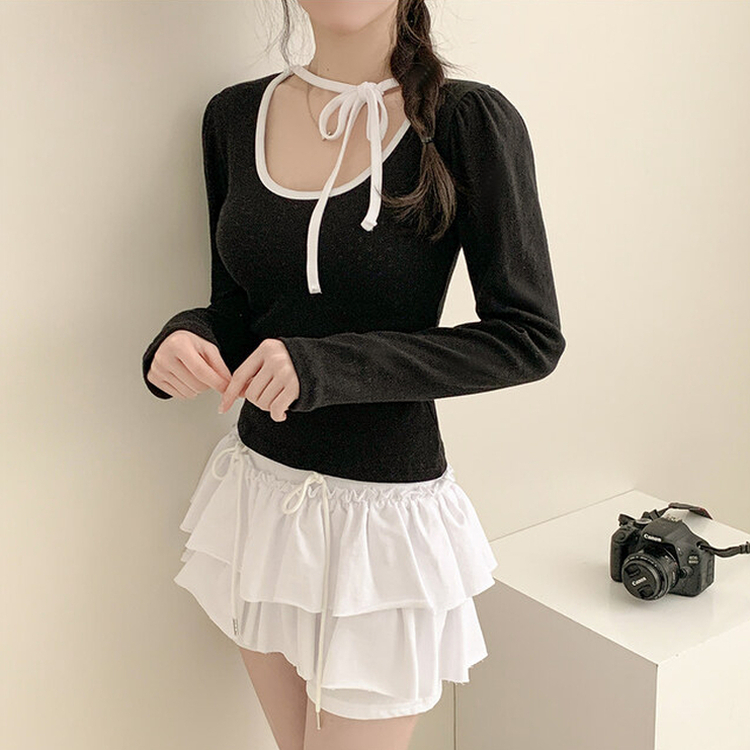 フラワーパンチングリボン長袖Tシャツ BLACK