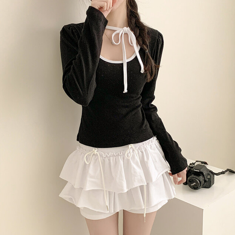 フラワーパンチングリボン長袖Tシャツ BLACK