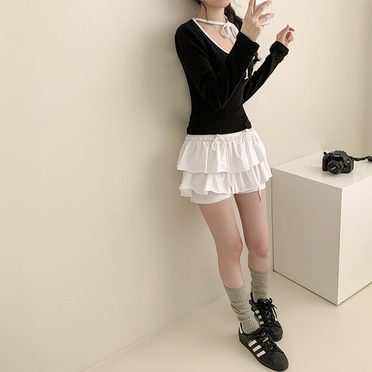 フラワーパンチングリボン長袖Tシャツ BLACK