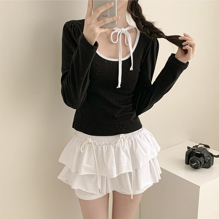 フラワーパンチングリボン長袖Tシャツ BLACK
