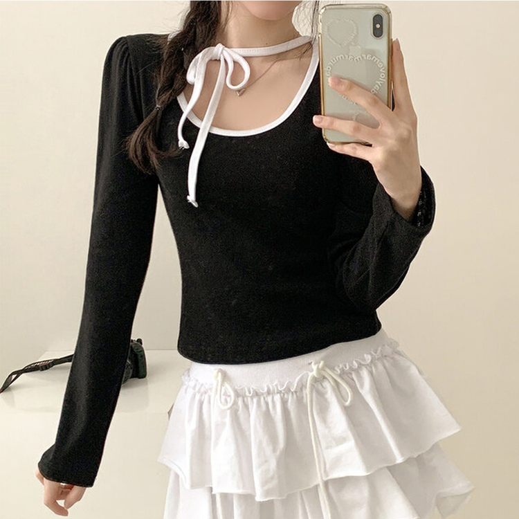 フラワーパンチングリボン長袖Tシャツ BLACK
