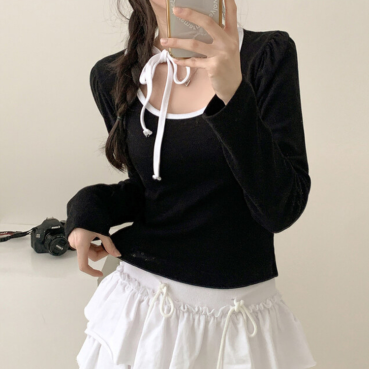 フラワーパンチングリボン長袖Tシャツ BLACK