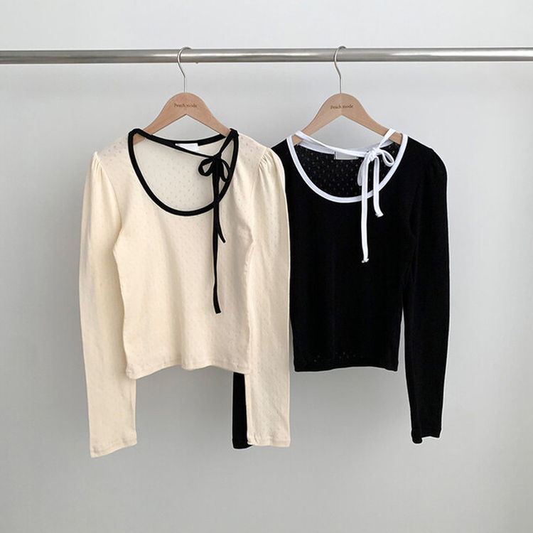 フラワーパンチングリボン長袖Tシャツ