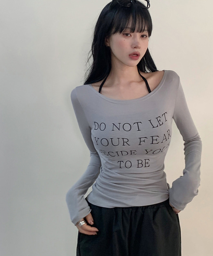 レタリングスリム長袖Tシャツ GREY