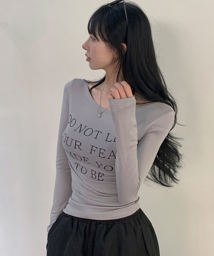 レタリングスリム長袖Tシャツ GREY