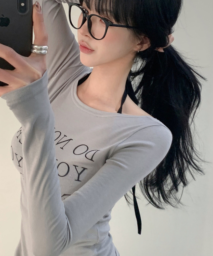 レタリングスリム長袖Tシャツ GREY