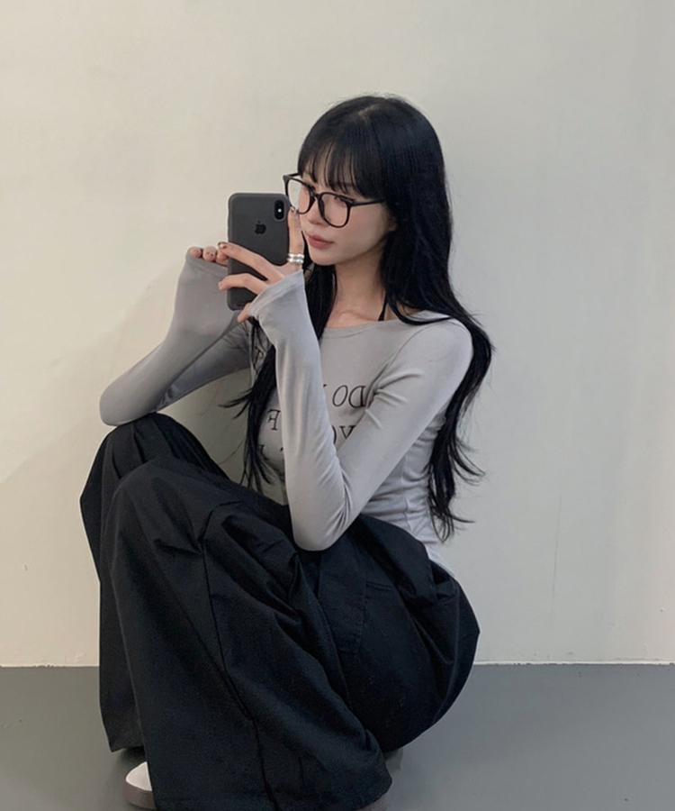 レタリングスリム長袖Tシャツ GREY