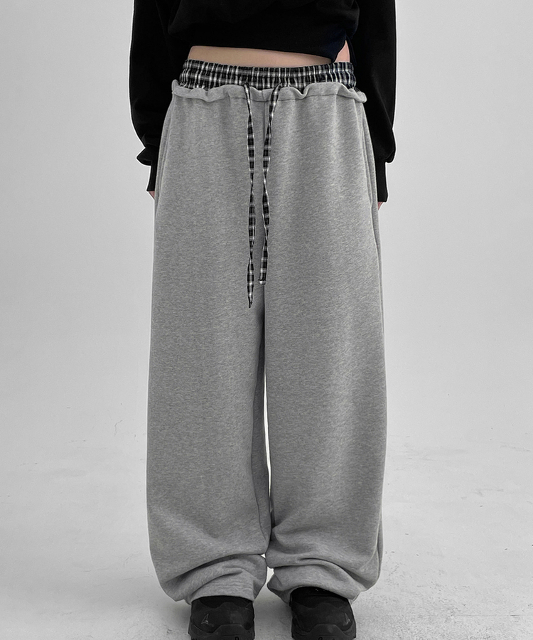 チェックバイカラーワイドバンディングパンツ GREY
