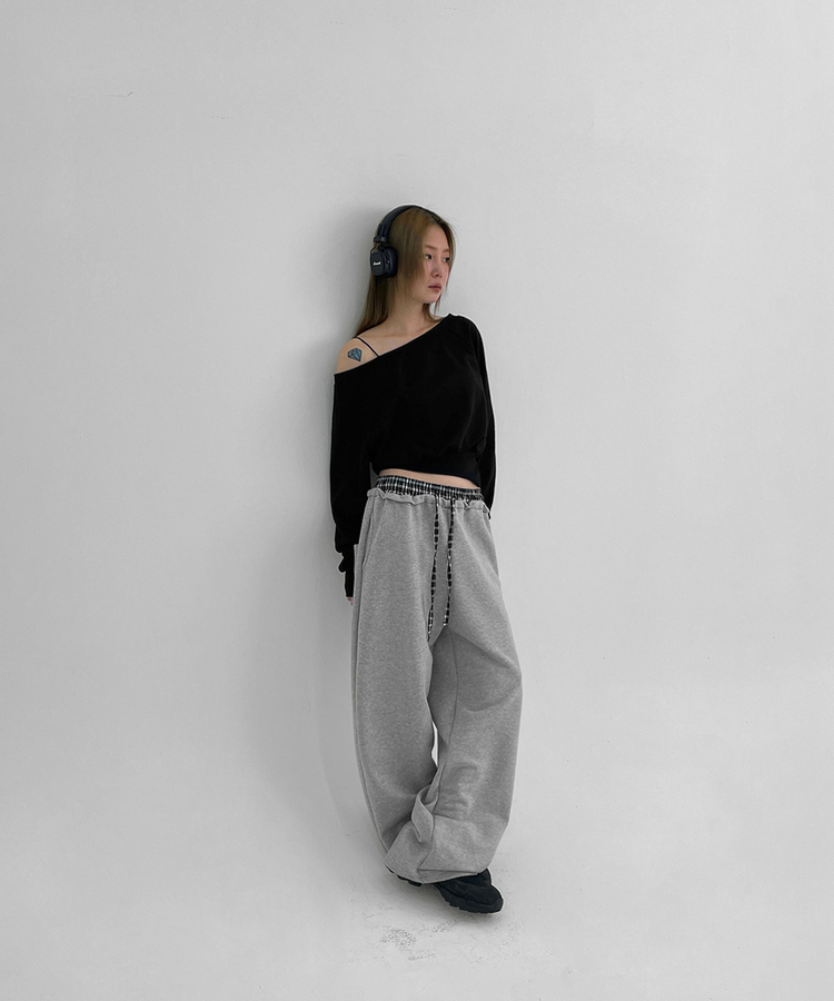 チェックバイカラーワイドバンディングパンツ GREY