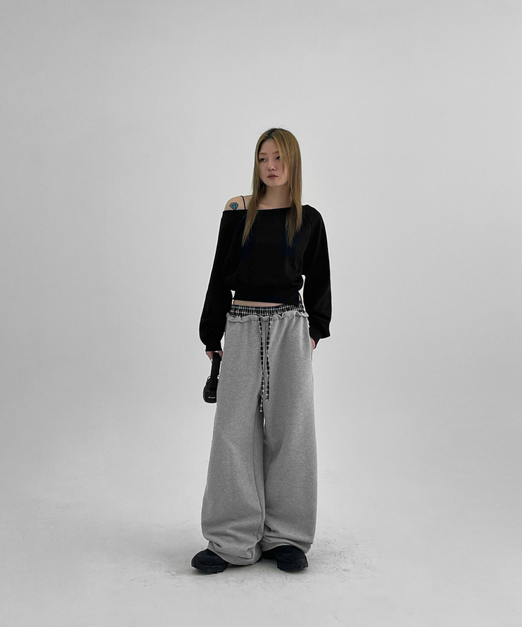 チェックバイカラーワイドバンディングパンツ GREY