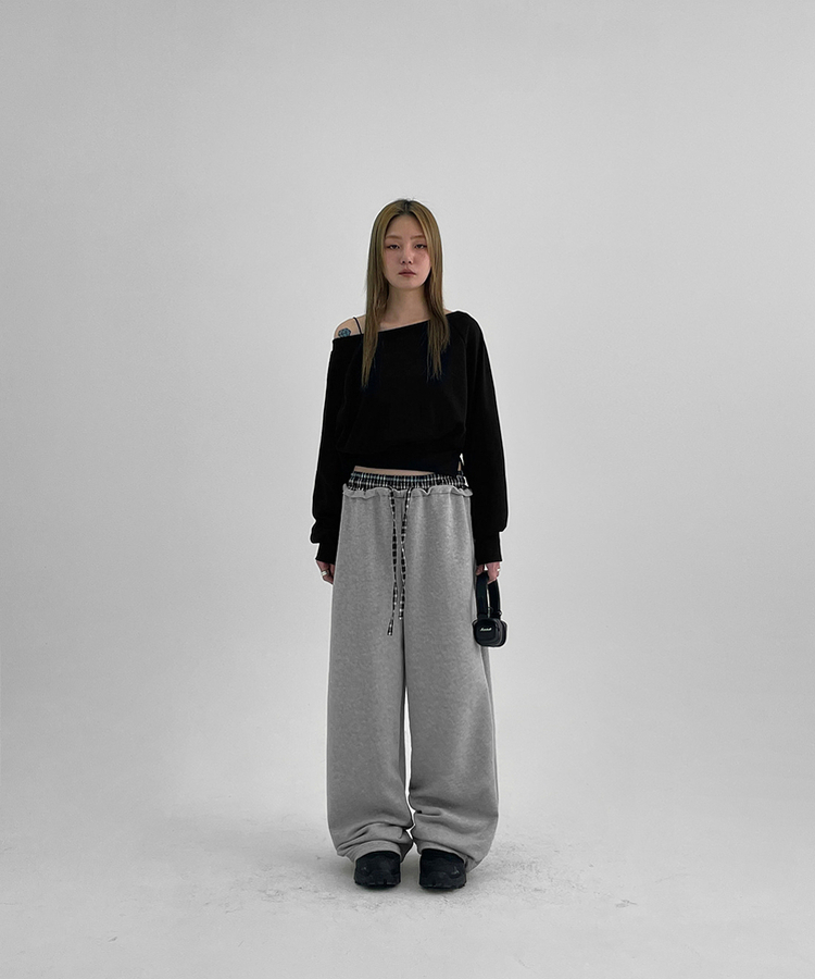チェックバイカラーワイドバンディングパンツ GREY