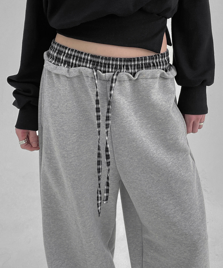 チェックバイカラーワイドバンディングパンツ GREY