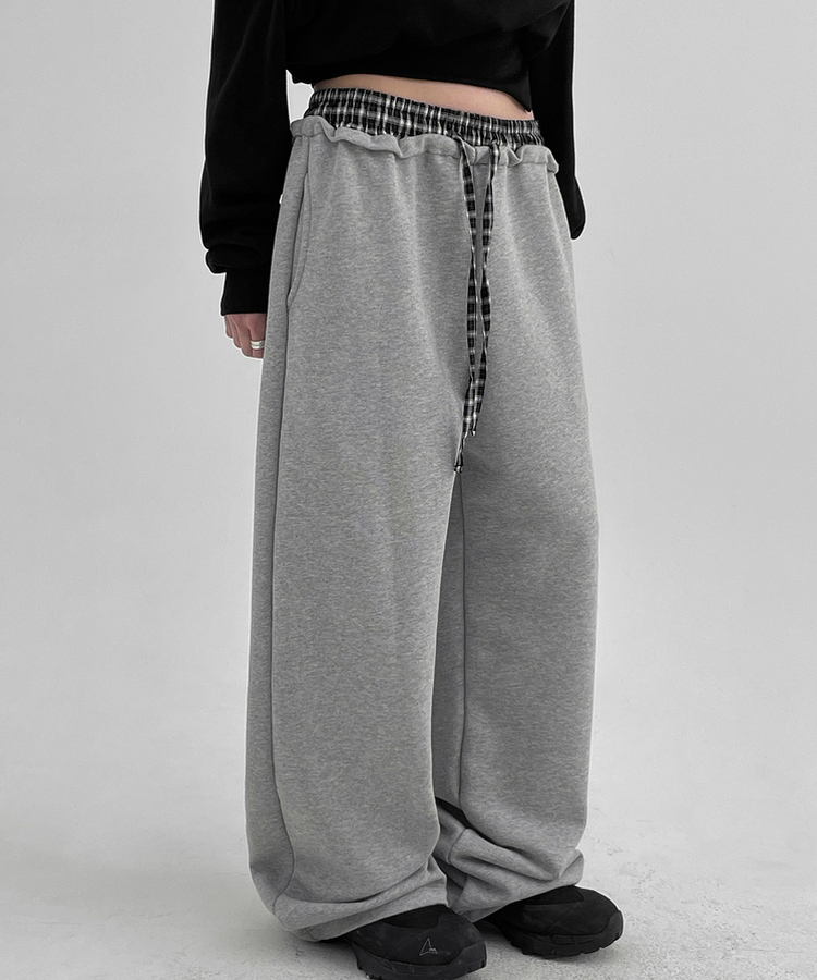 チェックバイカラーワイドバンディングパンツ GREY