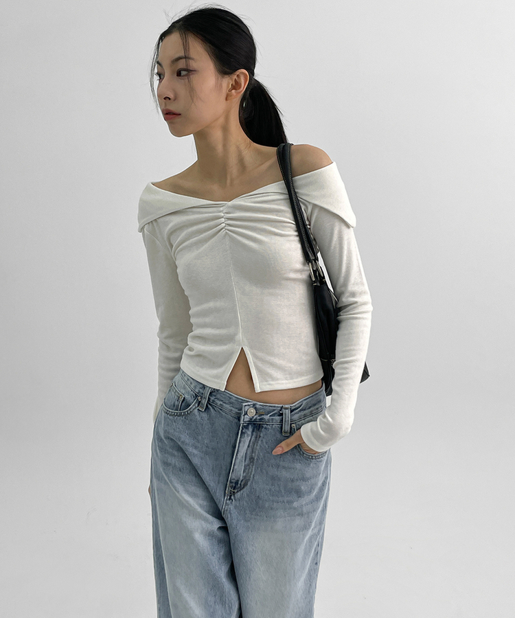 スリットオフショルダー長袖Tシャツ WHITE