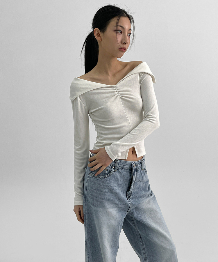 スリットオフショルダー長袖Tシャツ WHITE