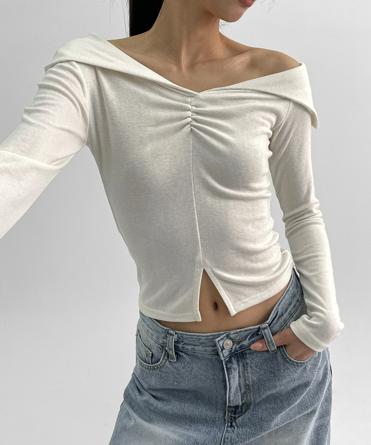 スリットオフショルダー長袖Tシャツ WHITE