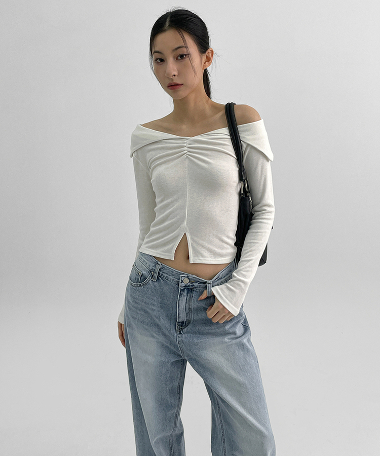 スリットオフショルダー長袖Tシャツ WHITE