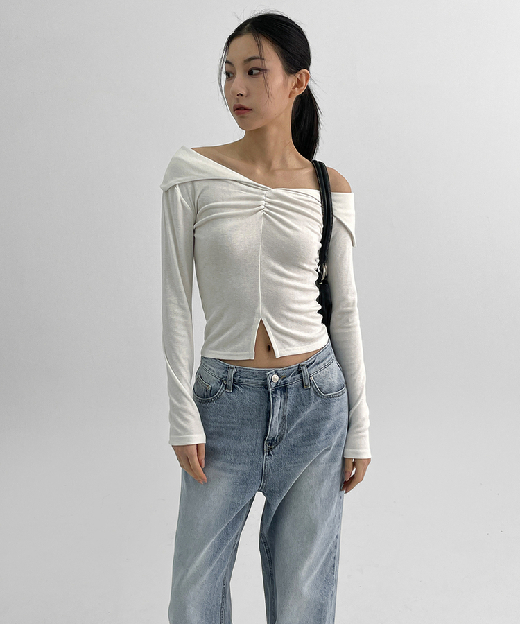 スリットオフショルダー長袖Tシャツ WHITE